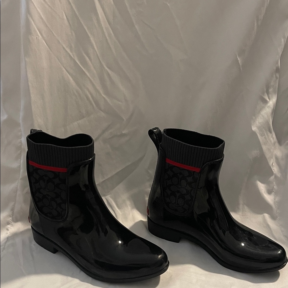 Coach Rivington Signature Knit Rain Booties Black and Red Size 6